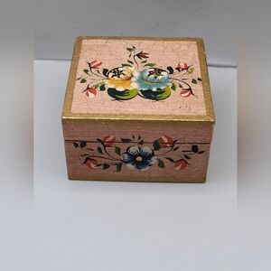 Vintage Hand Painted Floral Wooden Trinket Box Pink Gold Folk Art 3x3x2" SEE